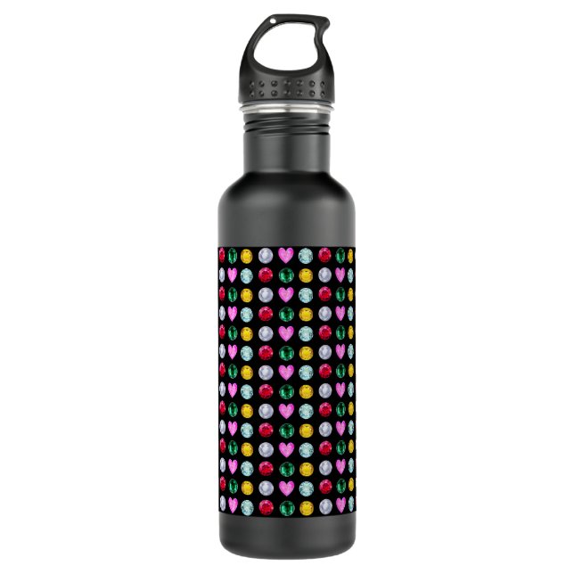 Elegant Multicolor Gemstones on Black Stainless Steel Water Bottle (Front)