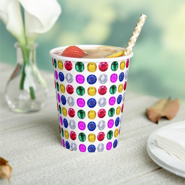 Elegant Multicolor Gemstones on White Paper Cups (Insitu)