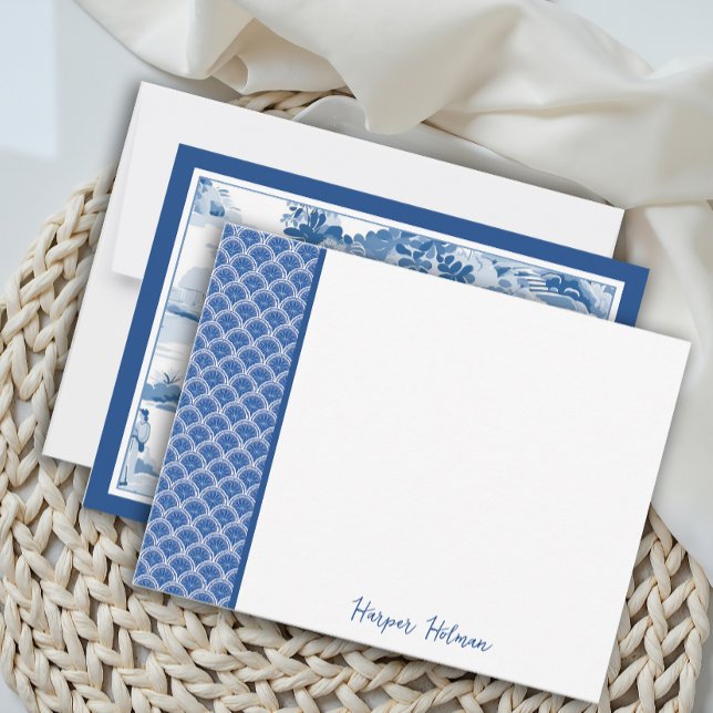 Elegant Multipurpose Blue Clamshell Toile Flat Note Card (Creator Uploaded)