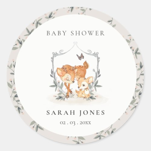 Elegant Mum Deer Fawn Floral Crest Baby Shower Classic Round Sticker