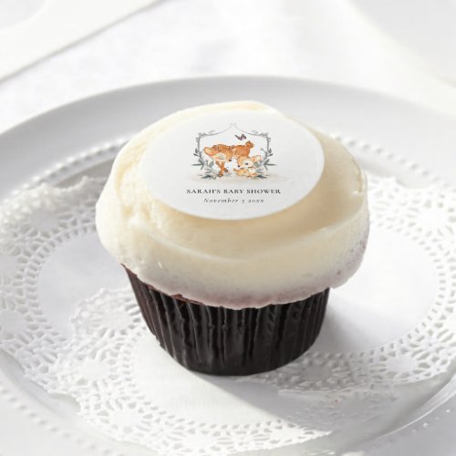 Elegant Mum Deer Fawn Floral Crest Baby Shower Edible Frosting Rounds