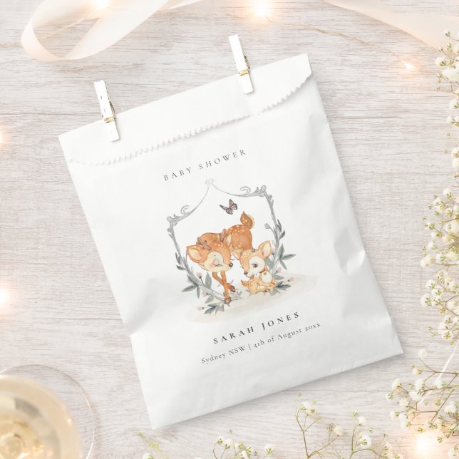 Elegant Mum Deer Fawn Floral Crest Baby Shower Favor Bag (Clipped)