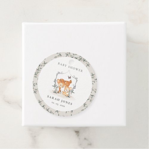 Elegant Mum Deer Fawn Floral Crest Baby Shower Favor Tags