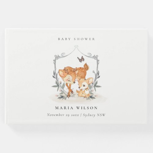 Elegant Mum Deer Fawn Floral Crest Baby Shower Guest Book