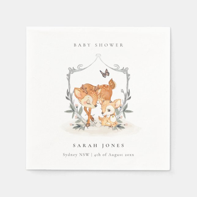 Elegant Mum Deer Fawn Floral Crest Baby Shower Napkins (Front)