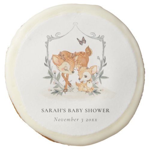 Elegant Mum Deer Fawn Floral Crest Baby Shower Sugar Cookie