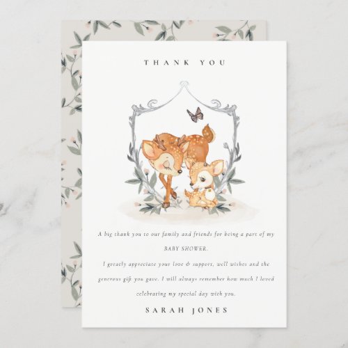 Elegant Mum Deer Fawn Floral Crest Baby Shower Thank You Card