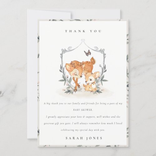 Elegant Mum Deer Fawn Floral Crest Baby Shower Thank You Card