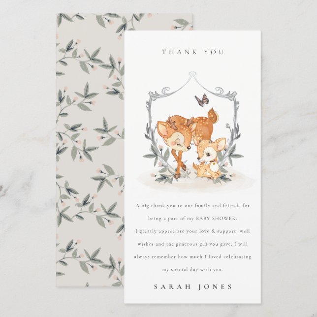 Elegant Mum Deer Fawn Floral Crest Baby Shower Thank You Card (Front/Back)