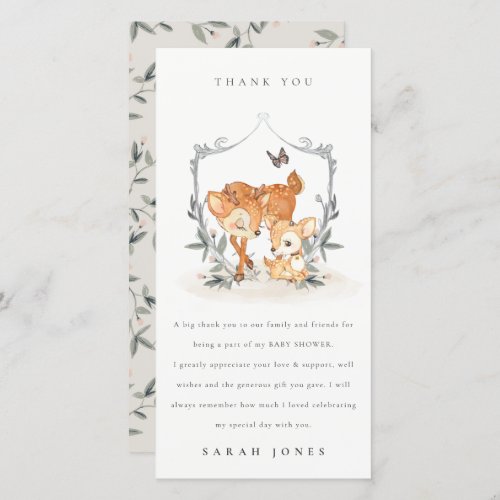 Elegant Mum Deer Fawn Floral Crest Baby Shower Thank You Card