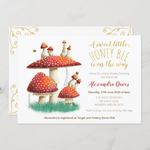 Elegant mushroom  bees gender neutral baby shower invitation