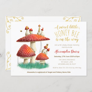 Elegant mushroom & bees gender neutral baby shower invitation