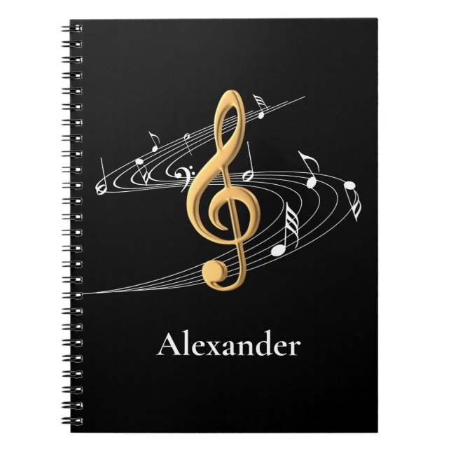 Elegant Music Gold Treble Clef Personalized Black Notebook (Front)