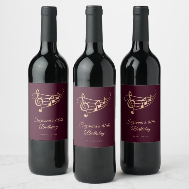 Elegant Music Notes Birthday Wine Label (Bottles)