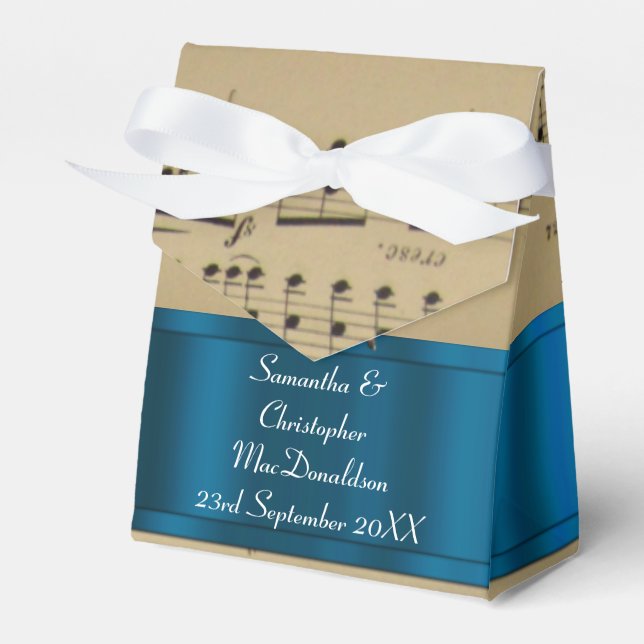 Elegant music sheet and blue wedding favor boxes (Front Side)