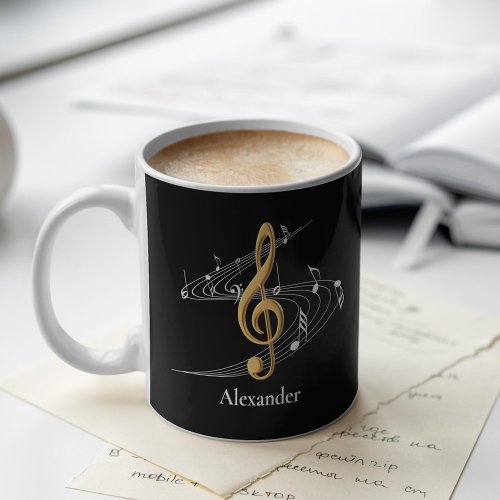 Elegant Music Treble Clef Black Gold Personalized Coffee Mug