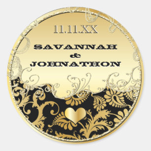 Elegant Musical Black Gold Vintage Damask Weddings Classic Round Sticker