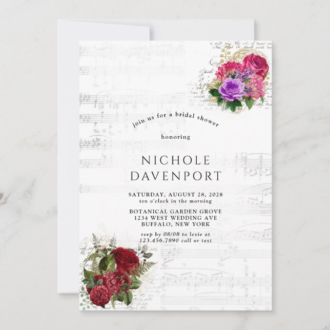 Elegant Musical Floral Bridal Shower Invitation (Front)