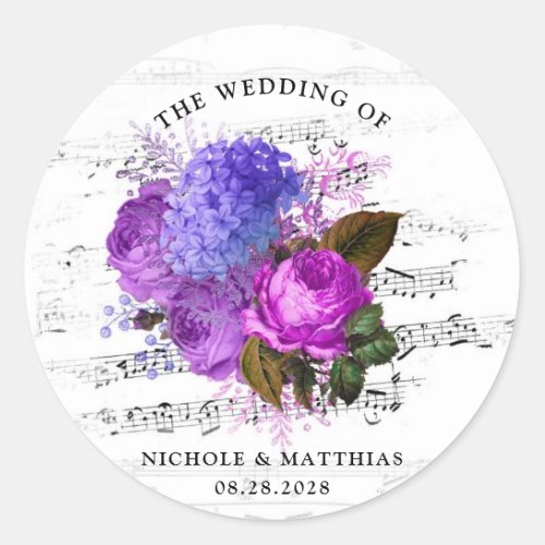 Elegant Musical Floral Wedding Classic Round Sticker