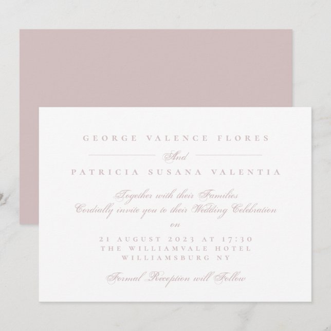 Elegant Musk Pink Formal Calligraphy Wedding Invitation (Front/Back)