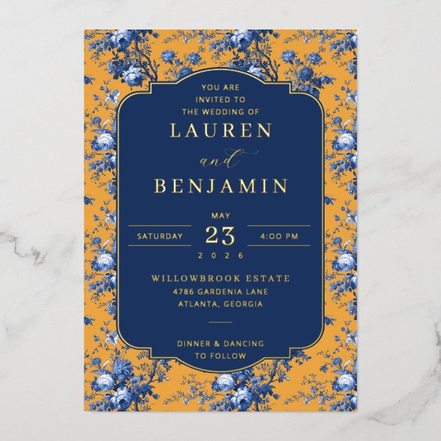 Elegant Mustard Floral Wedding Invitation Foil Invitation (Front)