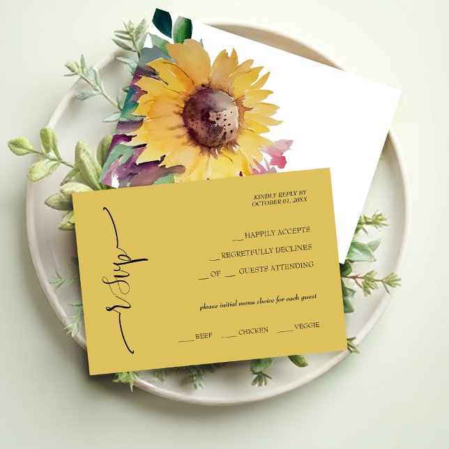 Elegant Mustard Sunflower Calligraphy RSVP Card (Creator Uploaded)