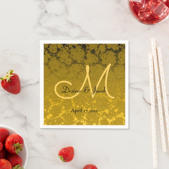 Elegant Mustard Yellow Black Wedding Monogram Napkins (Insitu)