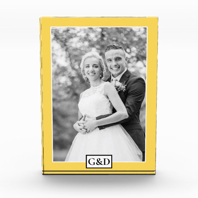 Elegant mustard yellow border and initials wedding photo block (Front)