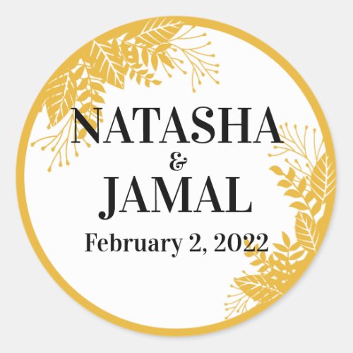 Elegant Mustard Yellow Leaves Wedding Classic Round Sticker