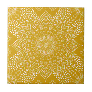 Elegant Mustard Yellow Mandala Ceramic Tile