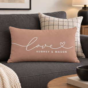 Elegant Muted Clay Love Heart Couple Names Lumbar Pillow
