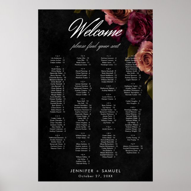 Elegant Muted Rust Burgundy Floral Wedding Seating Poster (Front)