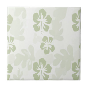 Elegant Muted Sage Hibiscus Pattern Ceramic Tile