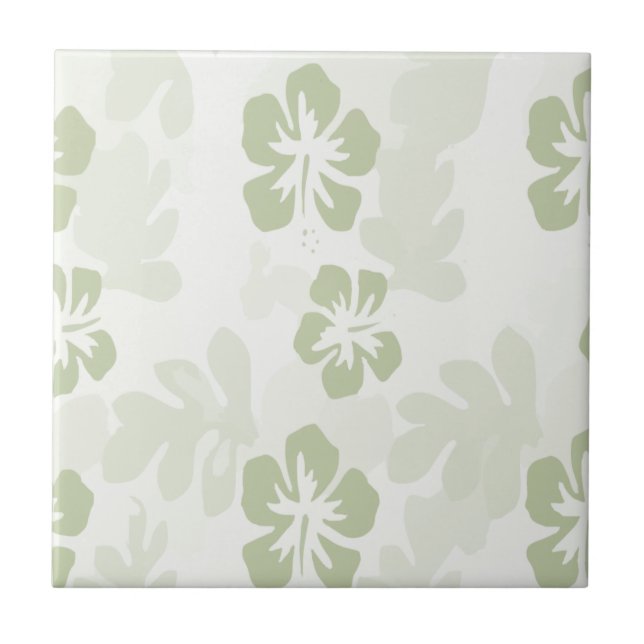 Elegant Muted Sage Hibiscus Pattern  Ceramic Tile (Front)