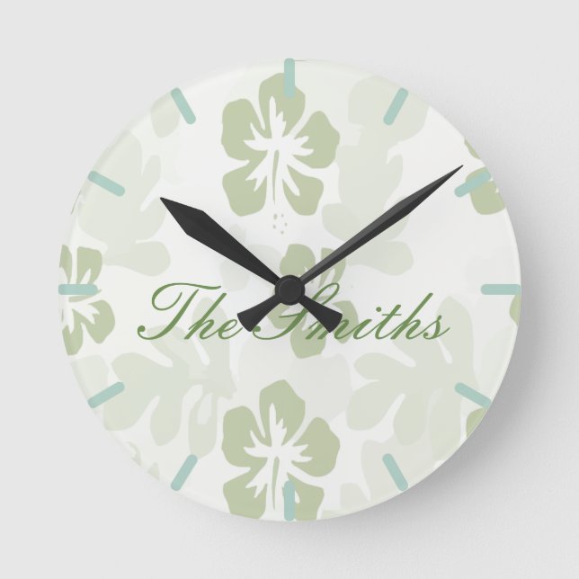 Elegant Muted Sage Hibiscus Pattern  Round Clock (Front)