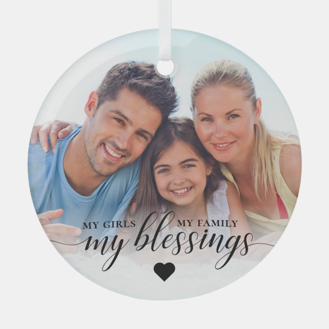 Elegant My Blessings Family Photo Glass Ornament (Front)