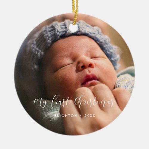 Elegant My First Christmas baby photo Ceramic Ornament