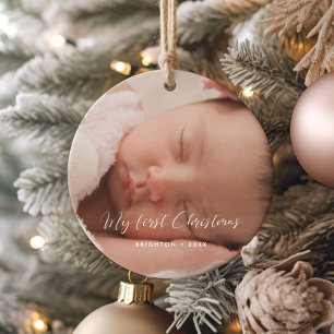 Elegant My First Christmas Baby Photo Ceramic Ornament