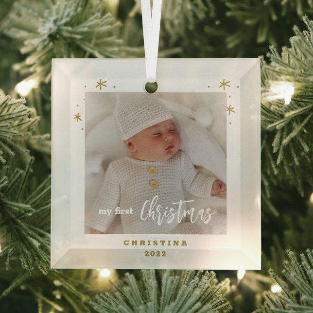 Elegant My First Christmas Baby's Photo  Glass Ornament (Insitu)