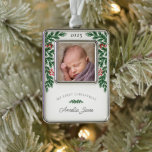 Elegant My First Christmas Photo Ornament<br><div class="desc">An elegant keepsake photo ornament for baby's first Christmas. The simple design offers winter greenery and elegant text. Personalize with your favorite photo of your newborn.</div>