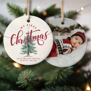 Elegant My First Christmas Tree Script Baby Photo Ceramic Ornament