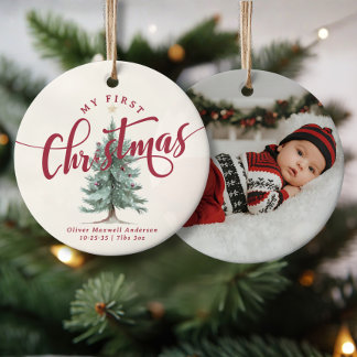 Elegant My First Christmas Tree Script Baby Photo  Ceramic Ornament