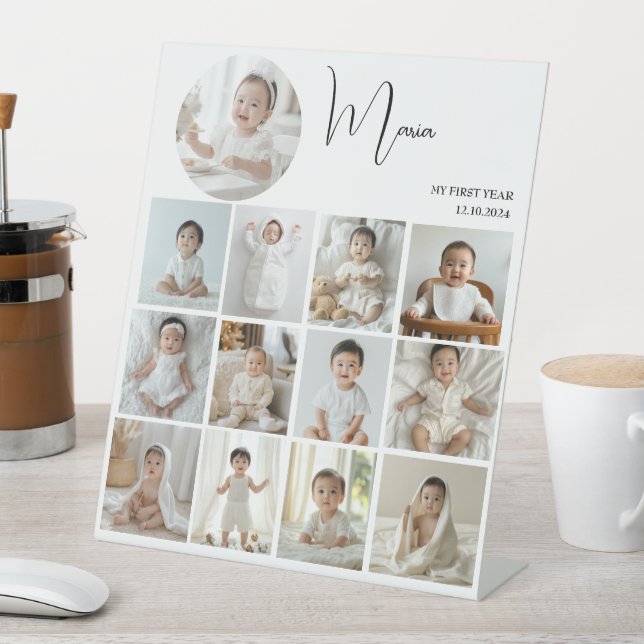 Elegant My First Year Collage Custom Photo Pedestal Sign (In SItu)