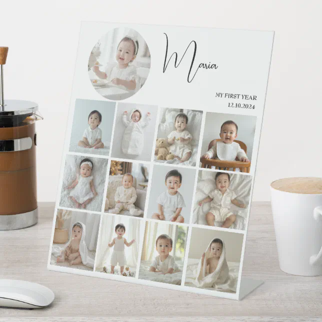 Elegant My First Year Collage Custom Photo Pedestal Sign | Zazzle