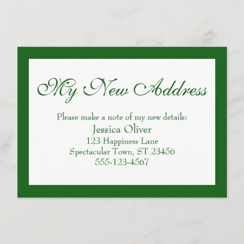 Elegant My New Address Bordered Green on White Enclosure Card