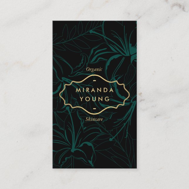Elegant Mystic Floral Pattern Green Business Card (Front)