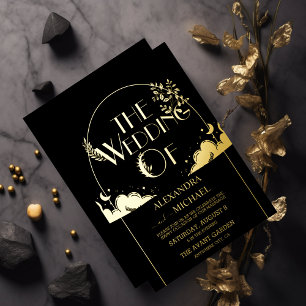 Elegant Mystical Black Gold Clouds Moon Wedding Foil Invitation