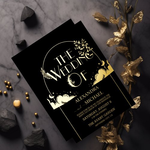 Elegant Mystical Black Gold Clouds Moon Wedding Foil Invitation