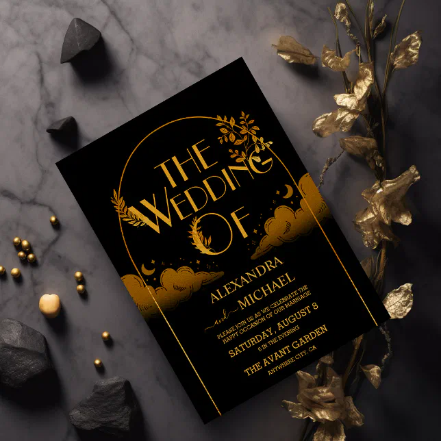 Elegant Mystical Black Gold Clouds Moon Wedding Invitation | Zazzle