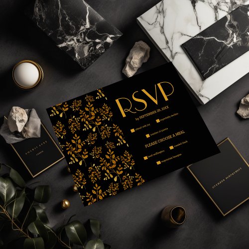 Elegant Mystical Black Gold Clouds Moon Wedding RSVP Card